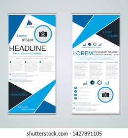 Modern roll-up business banners, two-sided flyer vector design template