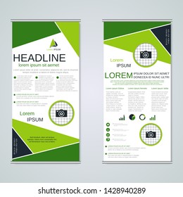 Modern roll-up business banners, two-sided flyer vector design template