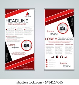 Modern roll-up business banners, two-sided flyer vector design template, red and black geometric graphics