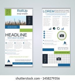 Modern roll-up business banners, two-sided flyer vector design template