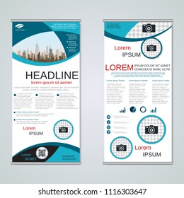 Modern roll-up geometric style business banners, two-sided flyer, booklet, brochure cover vector design template
