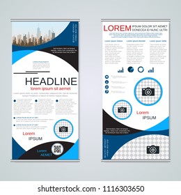 Modern roll-up geometric style business banners, two-sided flyer, booklet, brochure cover vector design template