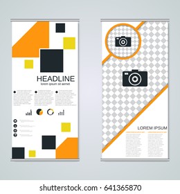 Modern roll-up geometric style business banners, two-sided flyer vector design template
