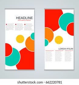 Modern roll-up geometric style colorful business banners, two-sided flyer vector design template