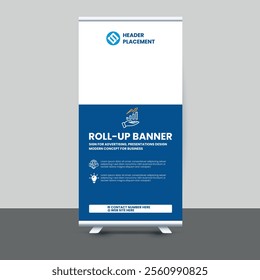 Modern roll-up stand design with a creative geometric background, ideal for exhibitions. Features a stylish layout for photo and text placement.