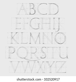 Modern Roman Classic Alphabet with a Method of Geometrical Construction for Large Letters. Font Latin Greece Antique. Hand drawn construction sketch of ABC letters in old fashion vintage style. 