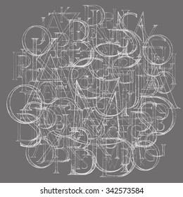 Modern Roman Classic Alphabet with a Method of Geometrical Construction for Large Letters. Hand drawn construction sketch of ABC letters in old fashion vintage style. 
