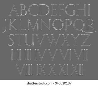 Modern Roman Classic Alphabet with a Method of Geometrical Construction for Large Letters. Hand drawn construction sketch of ABC letters in old fashion vintage style. Numbers included