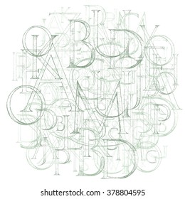 Modern Roman Classic Alphabet with a Method of Geometrical Construction for Large Letters. Hand drawn construction sketch of ABC letters in old fashion vintage style. 