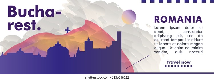 Modern Romania Bucharest skyline abstract gradient website banner art. Travel guide cover city vector illustration