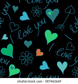 Modern romantic background for holiday card, postcard, gift wrapping paper. Valentine's Day vector seamless pattern. Isolated Artistic doodle drawings, lettering, love quotes, Heart, kiss elements.
