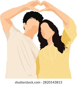 Modern romantic couple vector illustration featuring a loving couple creating a heart shape with their hands. This elegant flat design captures love, affection, and togetherness, making it perfect for Valentine's Day, wedding invitations, engagement announcements, pre-wedding themes, greeting cards, social media, posters, digital artwork, and romantic branding projects.
