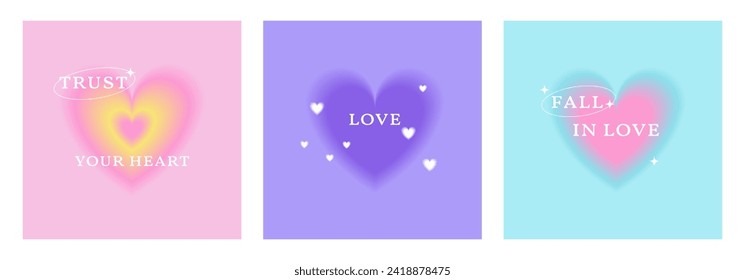 Modern romantic design posters with hearts in aura gradient effect. Trust your heart, fall in love postcards for Valentine's Day, social media post, templates, trendy backgrounds in y2k style. Vector