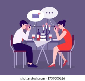 Modern romantic dinner of couple. Young people on date looking in smartphones. Sit together at table, side view. Smartphone or Social media addiction, Internet addiction disorder - vector illustration