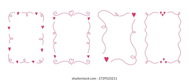 Conjunto de marco de línea romántica moderna. Marcos de contorno de corazón mínimos. Me encanta el borde caprichoso del doodle. Plantilla romántica linda del cartel de la invitación de la tarjeta de San Valentín