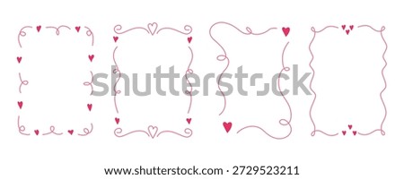 Modern romantic line frame set. Minimal heart outline frames. Love whimsical doodle border. Cute romantic wedding valentine card invitation poster template