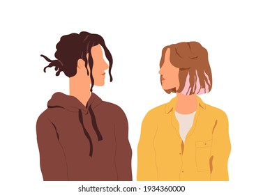 Modern Romantic Love Couple Of Young Man And Woman Standing Together And Looking At Each Other. Heterosexual Partners Or Friends. Flat Vector Illustration Of Boyfriend And Girlfriend Isolated On White