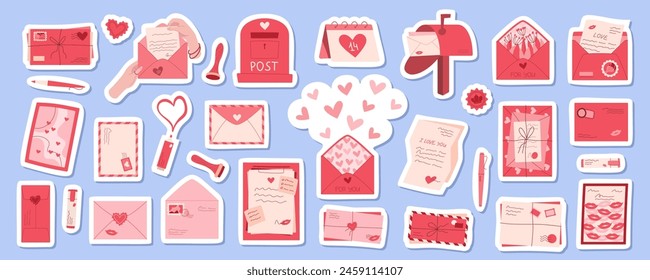 Modern romantic postcard and mail sticker set, flat hands hold cute envelope, trendy handmade letter for poster, banner or background, modern love post card design with heart, lips and kiss