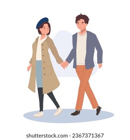 Modern Romantic Relationship concept. Cute Couple Walking Together.  Young Boy and Girl Holding Hands.  Romantic Boyfriend and Girlfriend