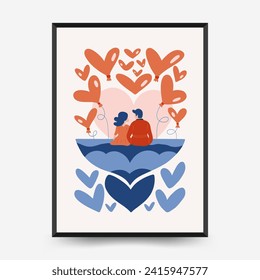 Modern Romantic, Valentine's day vertical flyer or poster template. Love hand drawn trendy illustration.