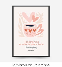 Modern Romantic, Valentine's day vertical flyer or poster template. Love hand drawn trendy illustration.