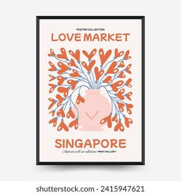 Modern Romantic, Valentine's day vertical flyer or poster template. Love hand drawn trendy illustration.