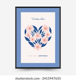 Modern Romantic, Valentine's day vertical flyer or poster template. Love hand drawn trendy illustration.