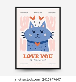 Modern Romantic, Valentine's day vertical flyer or poster template. Love hand drawn trendy illustration.