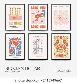 Modern Romantic, Valentine's day vertical flyer or poster template. Love hand drawn trendy illustration.