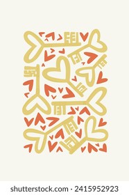 Modern Romantic, Valentine's day vertical flyer or poster template. Love hand drawn trendy illustration.