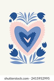 Modern Romantic, Valentine's day vertical flyer or poster template. Love hand drawn trendy illustration.