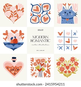Modern Romantic, Valentine's day vertical flyer or poster template. Love hand drawn trendy illustration.