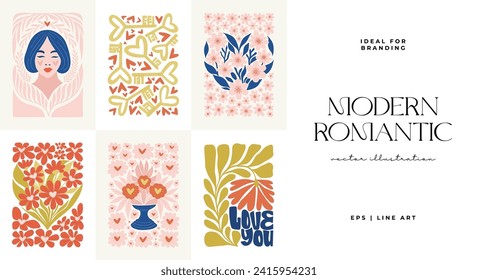 Modern Romantic, Valentine's day vertical flyer or poster template. Love hand drawn trendy illustration.