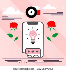 A modern romantic vector design featuring a smartphone with a light bulb icon, two red roses, and a soft light pink background for iPhone with decorative clouds and abstract elements. Ideal for love