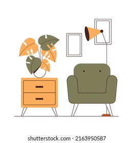 Modern room with armchair and bedside table with plant monstera. Flat vector illustration.