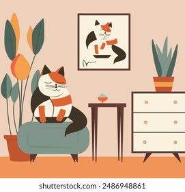 Diseño moderno de la habitación. Interior de moda. El gato está acostado en una silla. Ilustración vectorial. Se puede utilizar en publicidad, Diseño web y redes sociales.