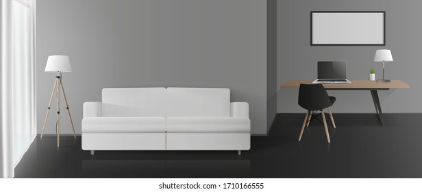 Modern room with gray walls, a work area and a seating area. Sofa, table, chair, floor lamp, laptop. Vector.