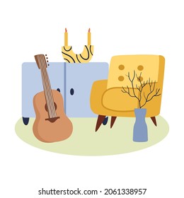Modern room interior. Armchair, guitar, bedside table.Vector illustration in cartoon style.