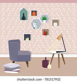 Modern room interior with an armchair, shelves and coffee table. Flat style vector illustration