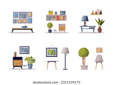 Modernes Raumdesign mit komfortablen Möbeln und Home-Deco-Vektorset