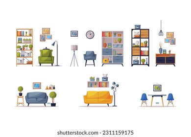 Modern Room Interior Design with Comfy Furniture and Home Decor Vector Set