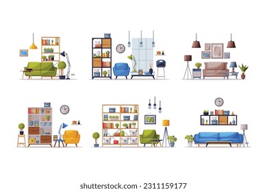 Modern Room Interior Design with Comfy Furniture and Home Decor Vector Set