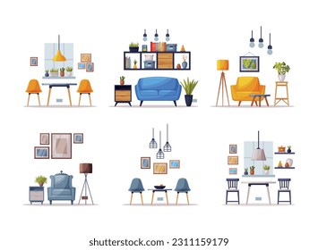 Modern Room Interior Design with Comfy Furniture and Home Decor Vector Set