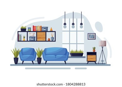 Modern Room Interior Design, Cozy Apartments with Comfy Furniture and Home Decor, Bookcase, Sofa and Armchair in front of Window Vector Illustration