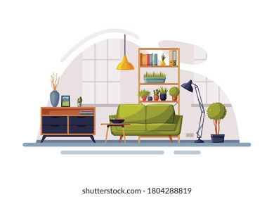 Modern Room Interior Design, Cozy Apartments with Comfy Furniture and Home Decor, Wooden Bookcase, Stand and Sofa in front of Window Vector Illustration