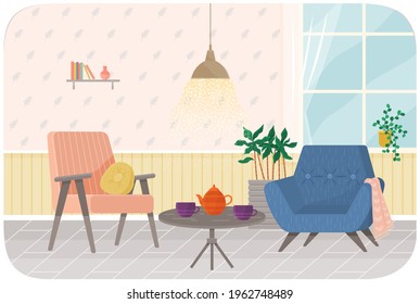 Modern room for interior design. Cozy room with furniture and decor accessories. Flat design interior. Planning and arrangement of furniture in apartment. Living room. Home lifestyle. Style house