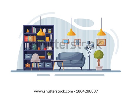 Modern Room Interior Design, Cozy Apartments with Comfy Furniture and Home Decor, Bookcase, Sofa and Lamps Vector Illustration