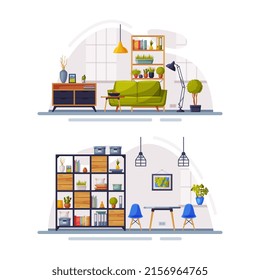 Decoración moderna de la habitación. Acogedor apartamento con mobiliario moderno y decoración de hogar ilustrativo vectorial