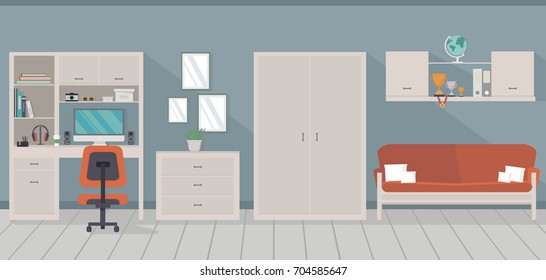 Modern room interior design with trendy workspace, sofa, cupboard and chest of drawers in flat style. Home furniture. Vector illustration.