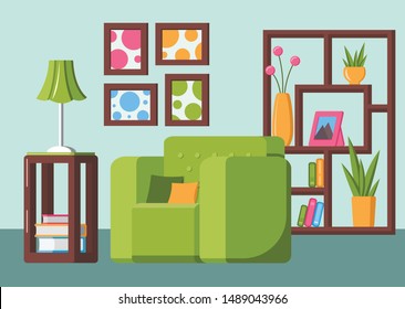 Modern room interior design vector illustration in flat style. Living room with furniture. 